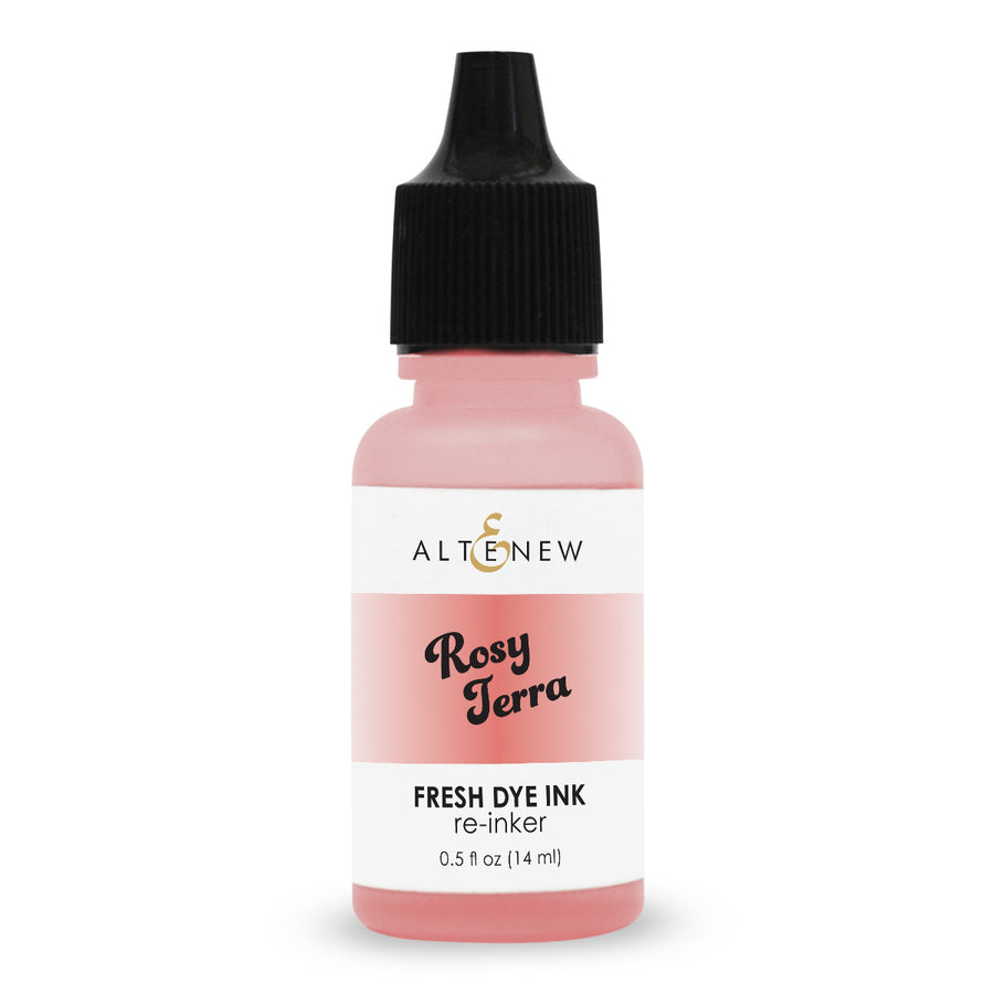 An Altenew Rosy Terra fresh dye ink bottle with a black dropper cap and a white label, containing a dusty pink re-inker liquid, set against a plain white background.