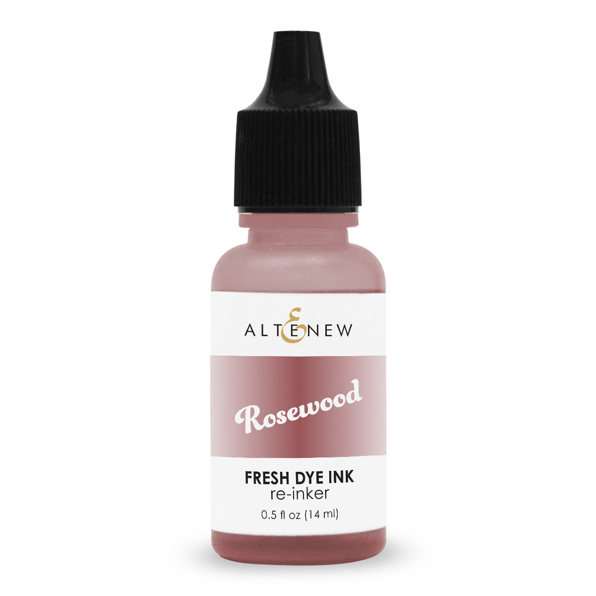 An Altenew Rosewood Fresh Dye Ink re-inker bottle, 0.5 fl oz (14 ml), featuring a dusty rose pink bottle, a white label with black and gold text, and a black dropper cap, set against a plain white background.