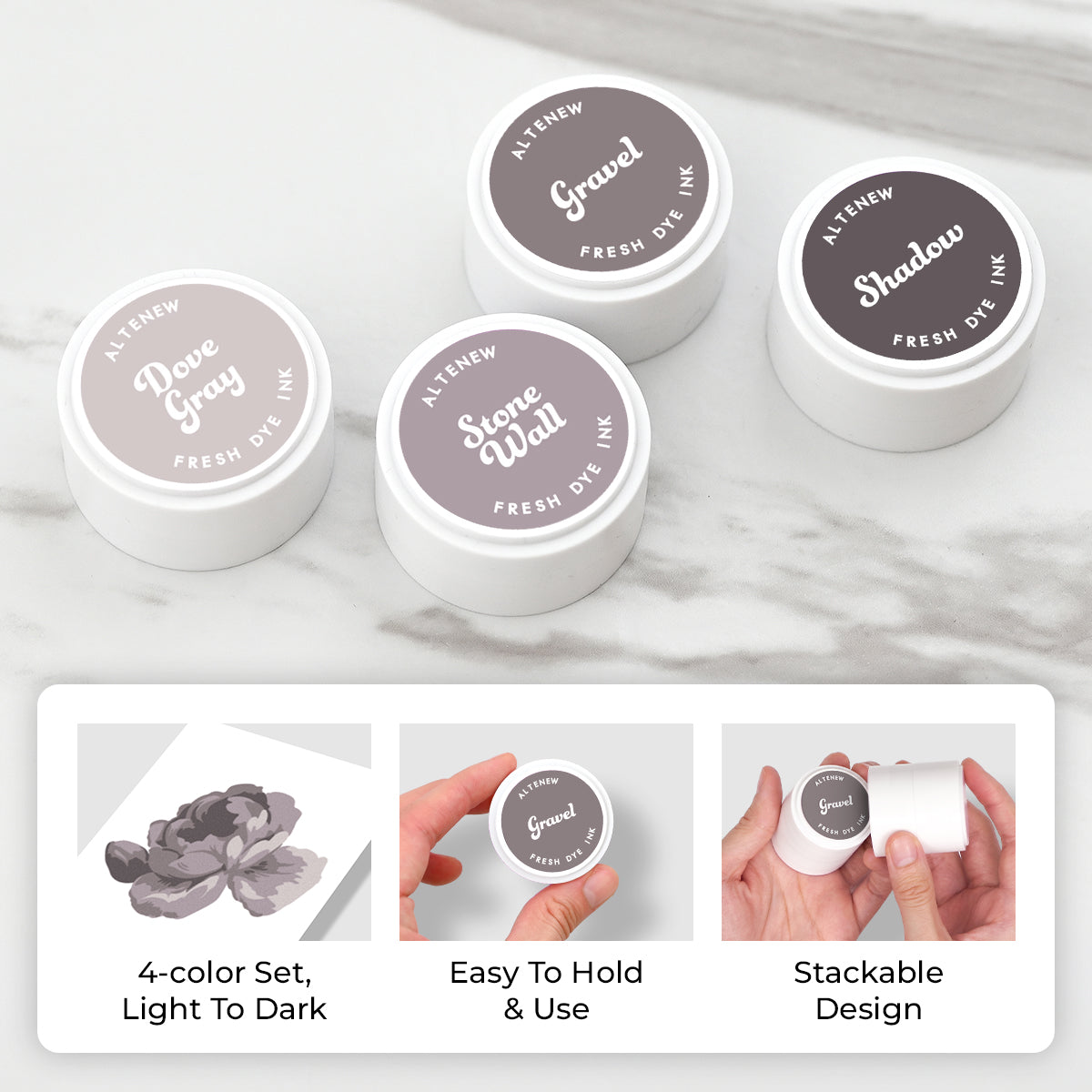 Four small round white mini pods of Altenew Fresh Dye Ink shadow powder in different gray tones are arranged on a light marble surface, with three more jars behind them. A white panel at the bottom shows feature callouts: 4-color set from light to dark, easy to hold and use, and stackable design. Altenew Tranquil Reflections Fresh Dye Ink Mini Pods