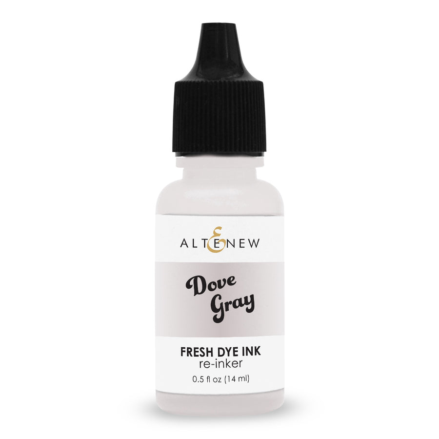 An Altenew bottle of Dove Gray Fresh Dye Ink re-inker, featuring a white label with black text and a black dropper cap, set against a plain white background. Altenew Dove Gray Fresh Dye Ink Reinker