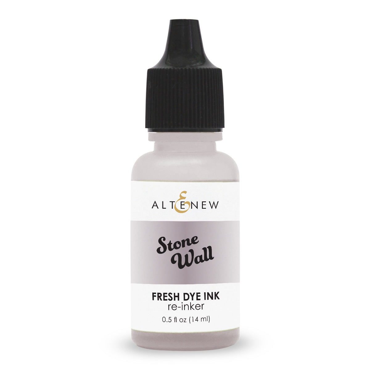 An 14 ml bottle of Altenew Stone Wall Fresh Dye Ink re-inker, featuring a black dropper cap and a white label with a gray band, on a white background. Altenew Stone Wall Fresh Dye Ink Reinker