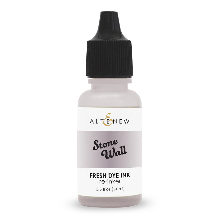 An 14 ml bottle of Altenew Stone Wall Fresh Dye Ink re-inker, featuring a black dropper cap and a white label with a gray band, on a white background. Altenew Stone Wall Fresh Dye Ink Reinker