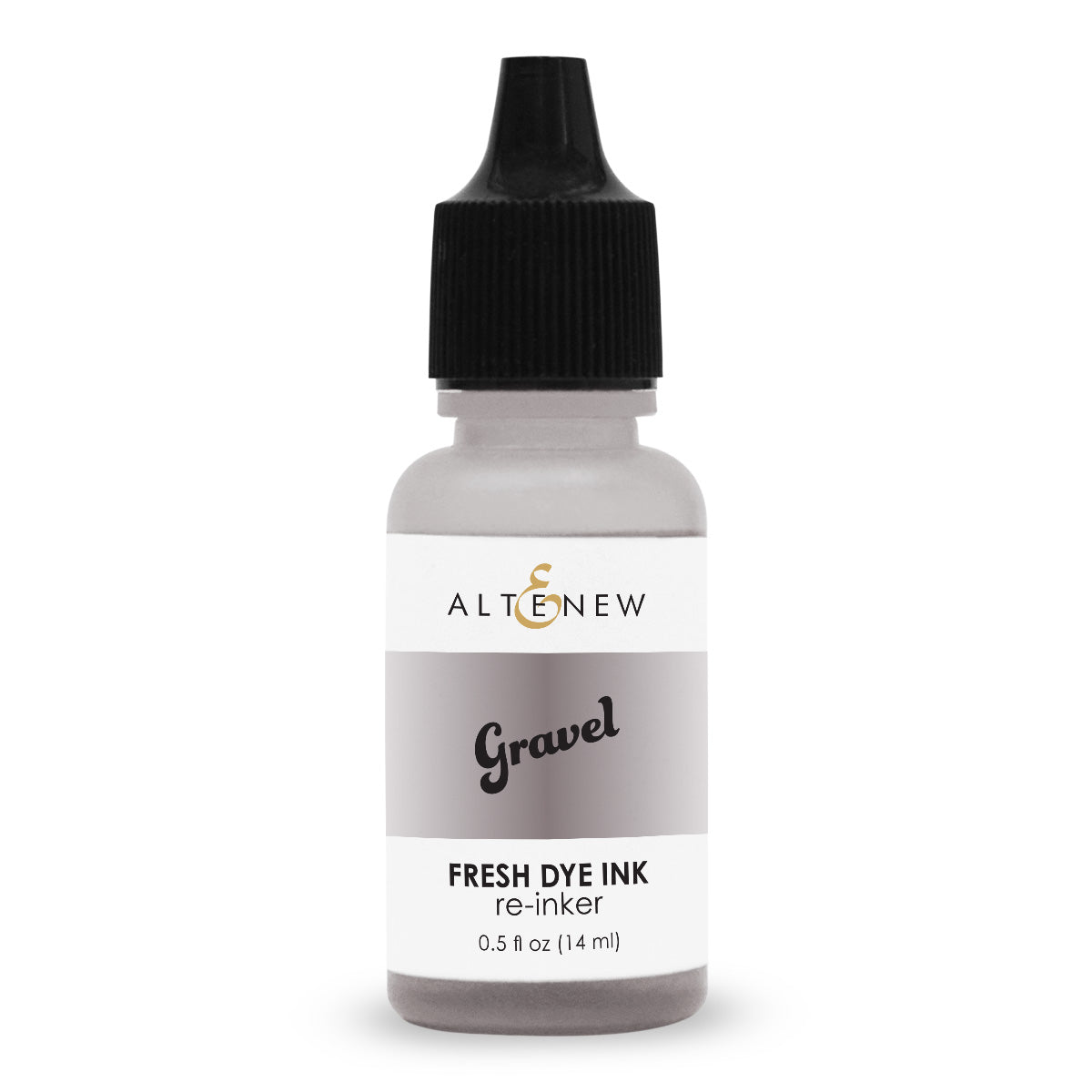 A bottle of Altenew Gravel Fresh Dye Ink re-inker, 0.5 fl oz (14 ml), featuring a black dropper cap and a white and gray label. Altenew Gravel Fresh Dye Ink Reinker