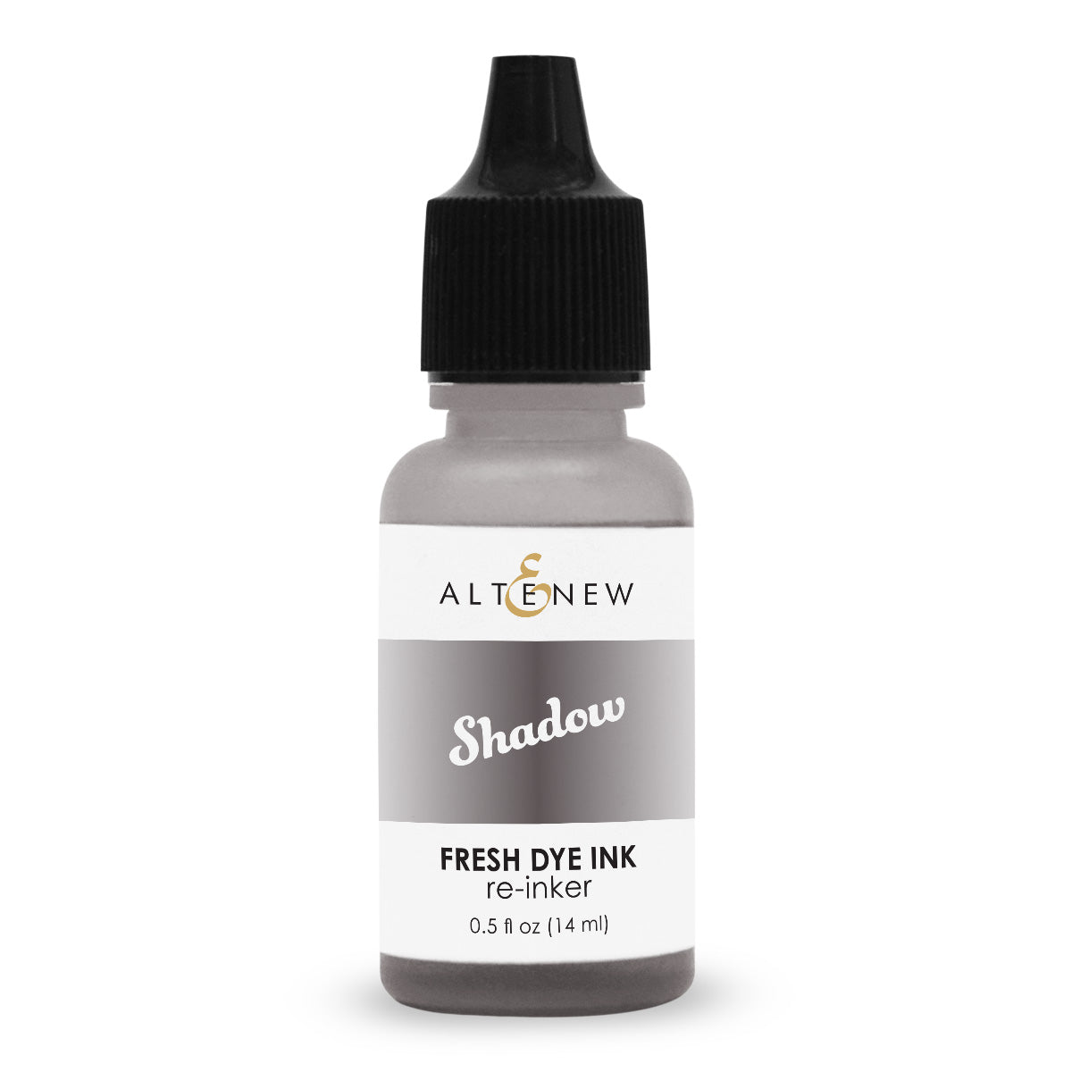 A bottle of Altenew Shadow Fresh Dye Ink re-inker, 0.5 fl oz (14 ml), featuring a black dropper cap and a white and gray label. Altenew Shadow Fresh Dye Ink Reinker