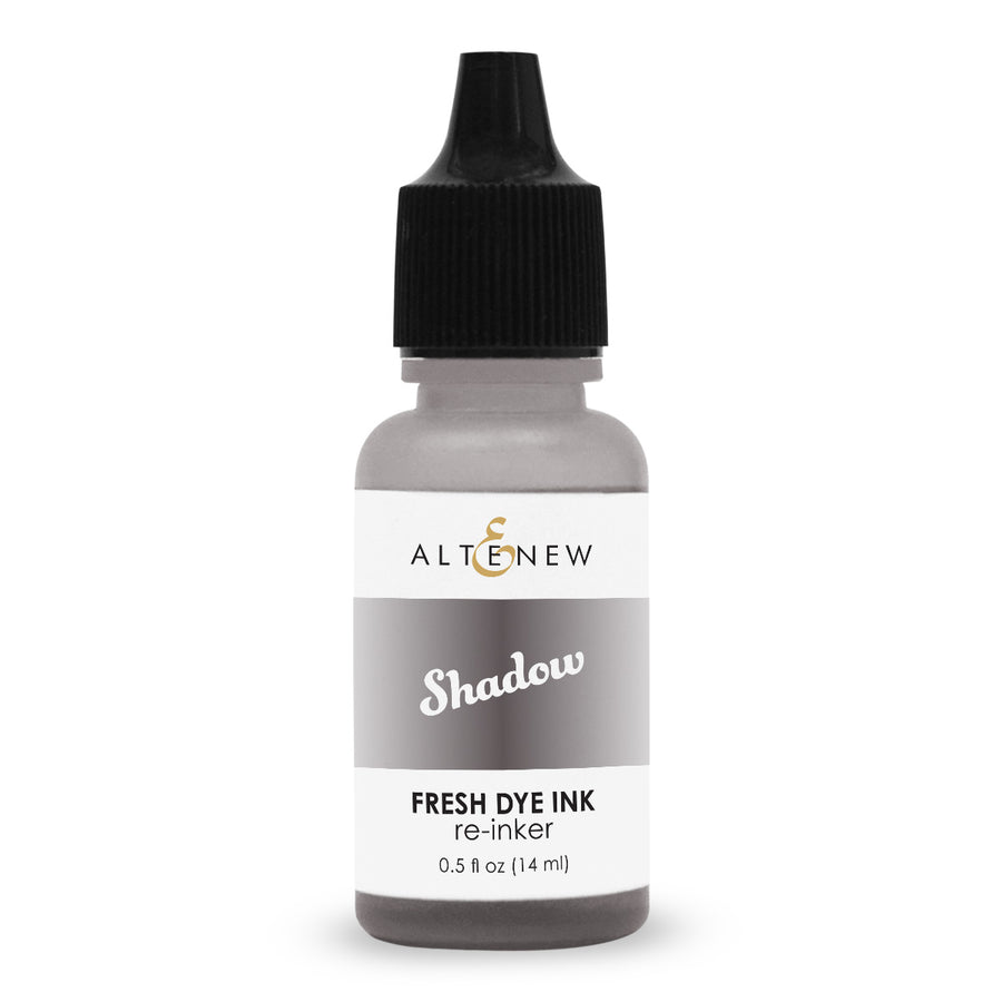 A bottle of Altenew Shadow Fresh Dye Ink re-inker, 0.5 fl oz (14 ml), featuring a black dropper cap and a white and gray label. Altenew Shadow Fresh Dye Ink Reinker
