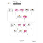 A crafting layering guide sheet from Altenew titled 'Craft-A-Flower: Coneflower Layering Die Set'. The page shows two panels with illustrated coneflower diagrams and layering instructions, including numbered flower layers and size notes at the bottom.