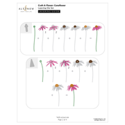 A crafting layering guide sheet from Altena titled 'Craft-A-Flower: Coneflower Laying Die Set'. The page features step-by-step illustrated instructions for layering die-cut flowers, showing pink and white coneflowers in various stages of assembly with plus and equals signs.