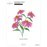 A craft layering guide page from Altenew for the Craft-A-Flower: Coneflower featuring an assembled illustration of pink coneflowers with yellow-orange centers and green stems on a white background.