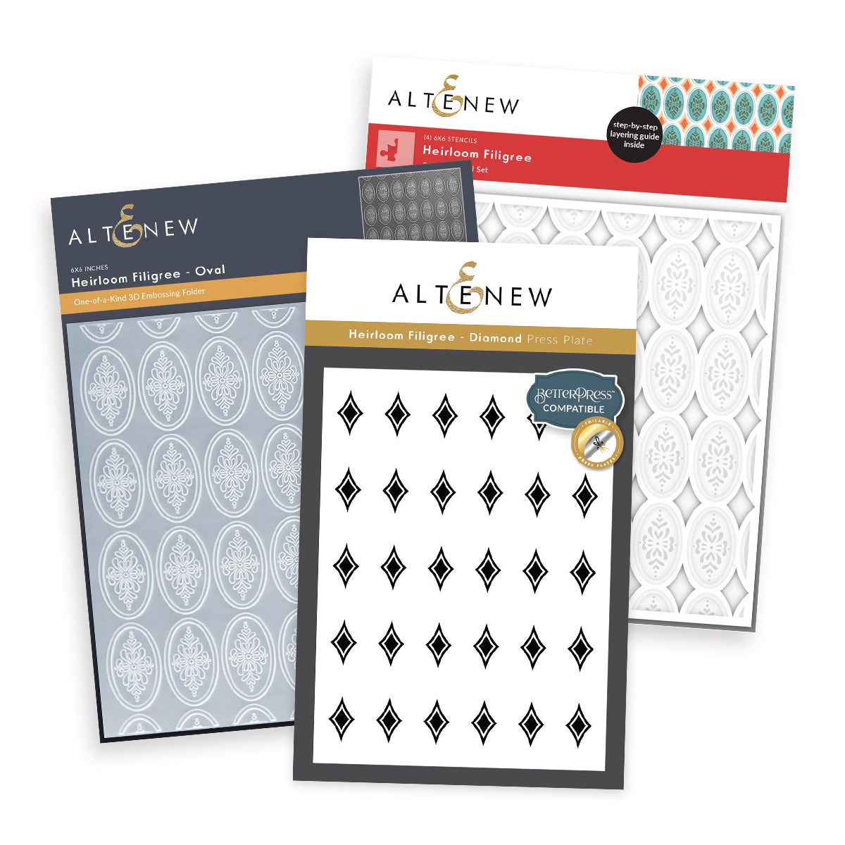 Three Altenew heirloom filigree products fanned out on a white background, showing different pattern styles: oval, diamond, and paisley.