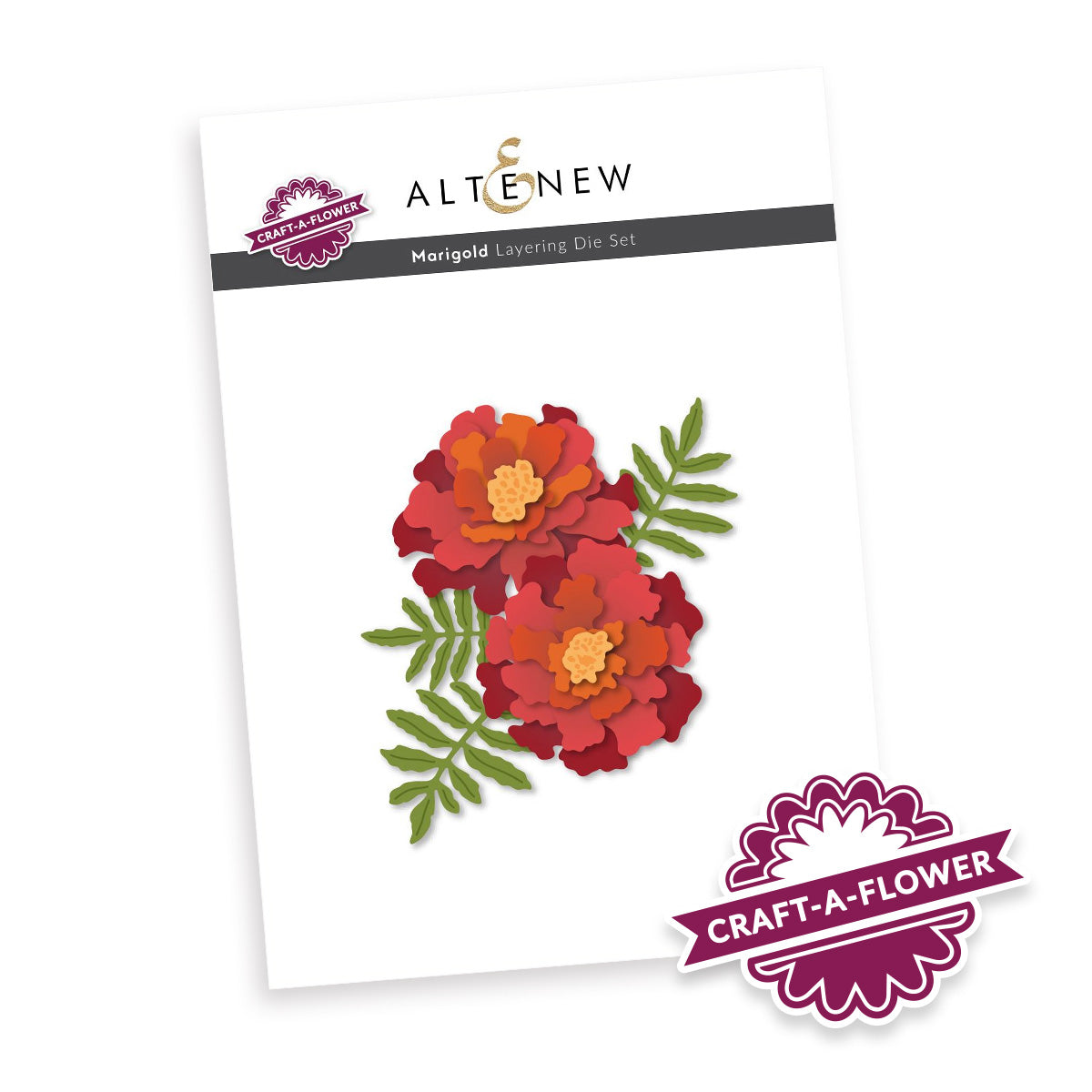 Altenew Craft-A-Flower Marigold Layering Die Set on a white backing card, featuring a layered die-cut floral design with red, orange, and yellow marigold flowers and green leaves.