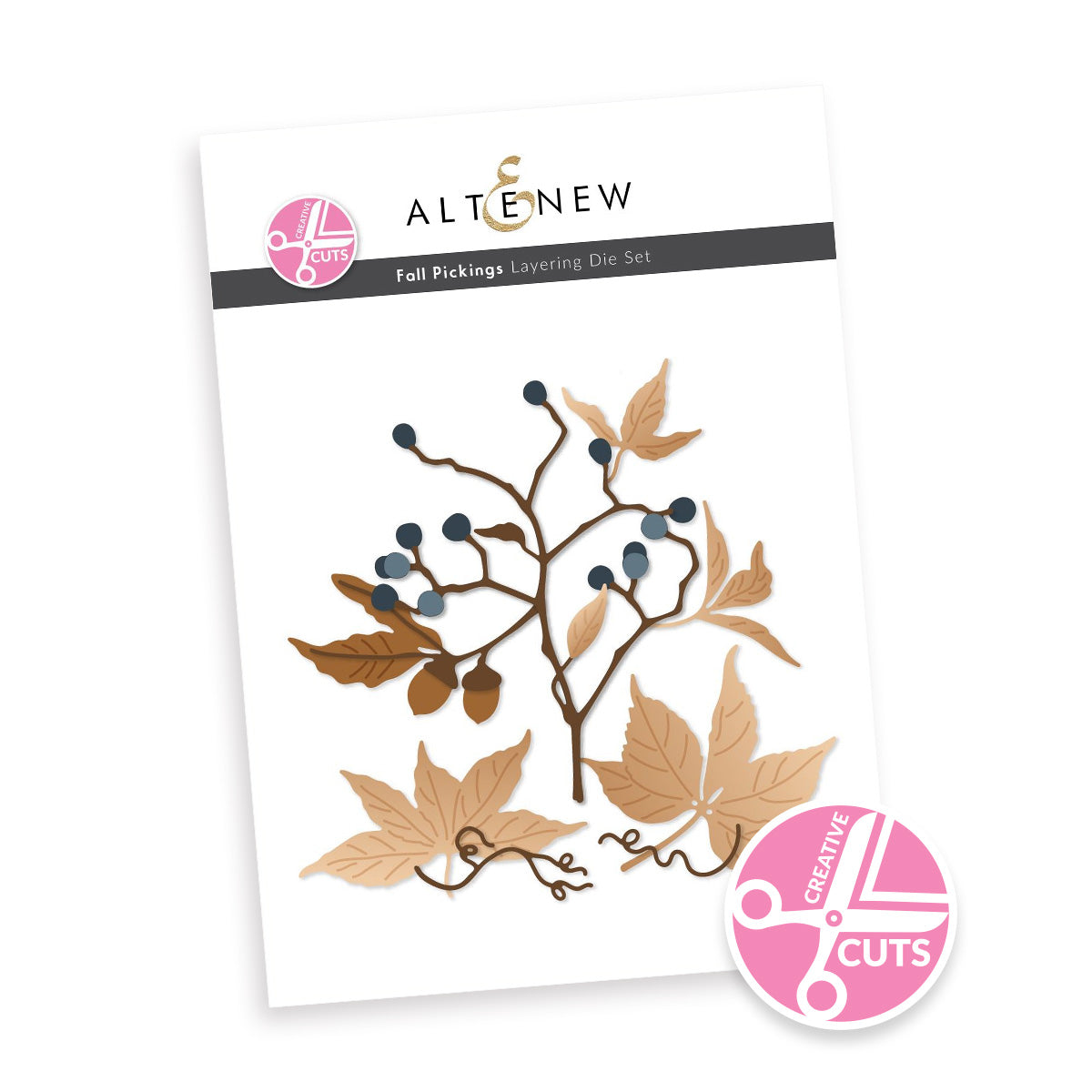 Altenew Creative Cuts Fall Pickings Layering Die Set package showing a botanical die-cut design with tan leaves, brown branches, and dark blue berries, plus pink Altenew and Creative CUTS logos.