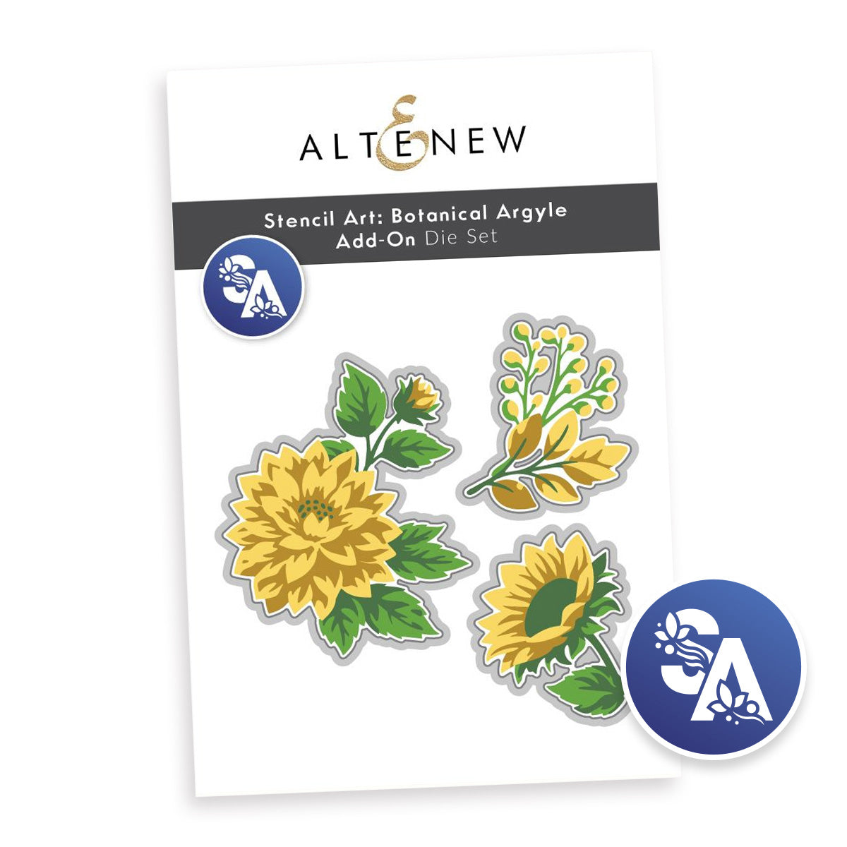 Altenew Stencil Art: Botanical Argyle Add-On Die Set card featuring yellow floral stencil designs with green leaves on a white background, with blue circular brand seals.
