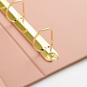 Close-up of a rouge leather-bound ring binder with shiny gold metal rings and binding hardware, shown on a clean white background. 