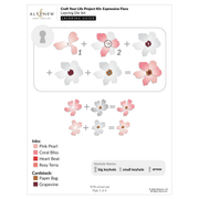 A layering guide page for Altenew's Expressive Flora Life Your Life Project Kit, showing floral layering diagrams and color/ink information for pink pearl, coral bliss, heart beat, and rosy terra inks with paper bag and grapevine cardstock.