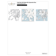 A crafting layering guide sheet from Altenew titled 'Craft Your Life Project Kit: Expressive Flora Layering Stencil Set'. The page shows three illustrated floral stencil designs in gray, white, and light blue, with a plus sign between the first and second designs and an equals sign after the third, indicating a layered application process.