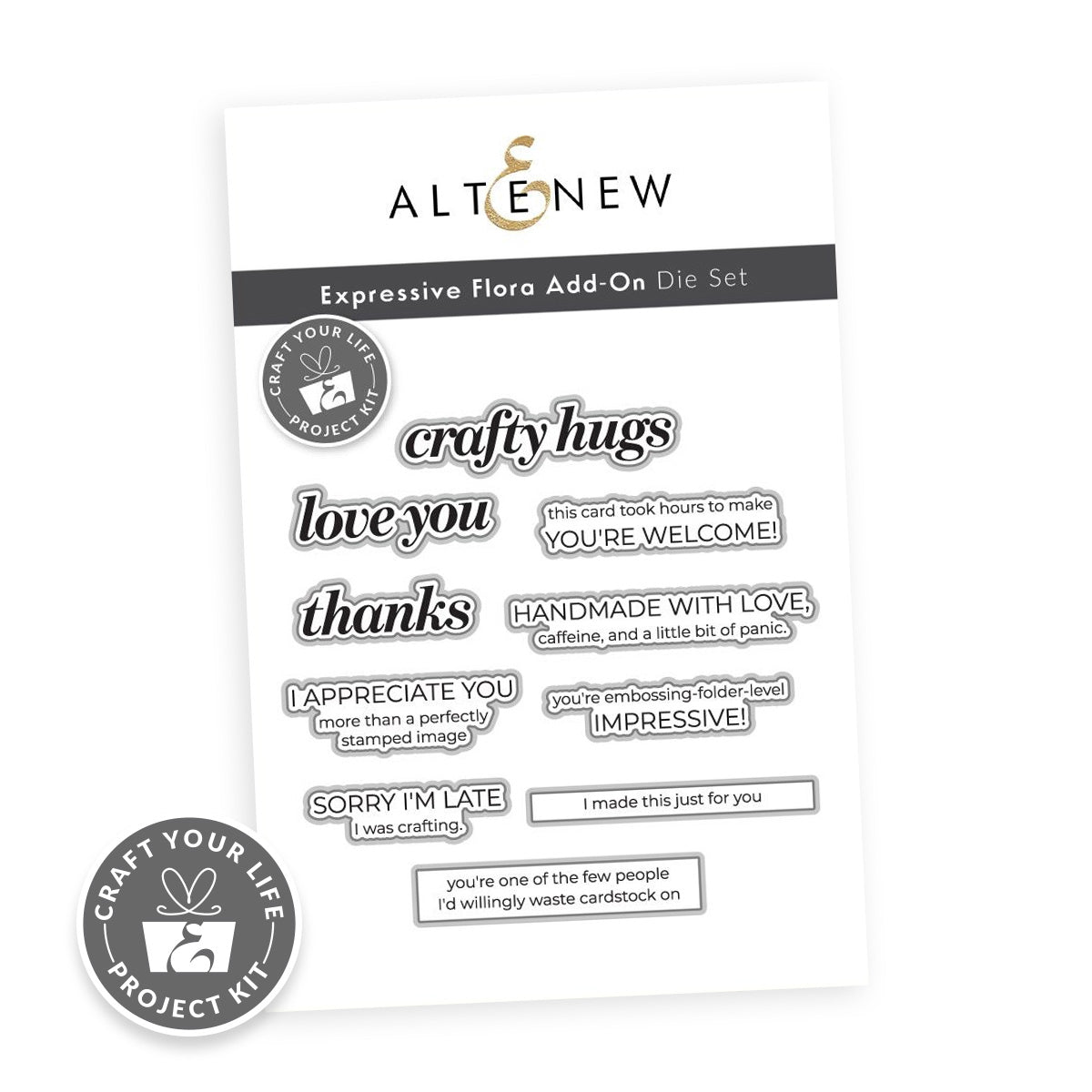 Altenew Expressive Flora Add-On Die Set card package on a white background, showing multiple die-cut text stamps and a circular 'Craft Your Life Project Kit' seal.