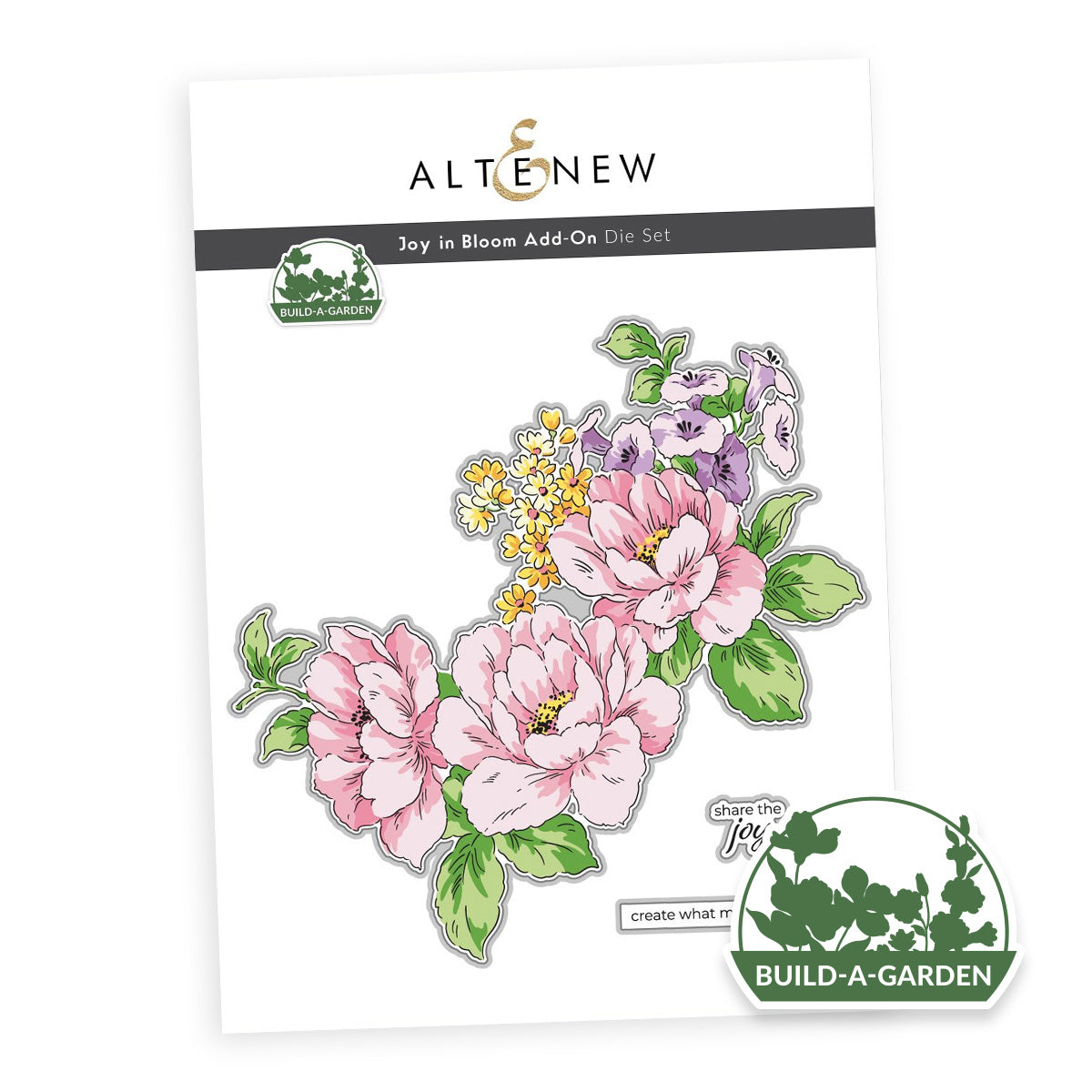 Altenew Joy in Bloom Add-On Die Set card featuring floral die-cut stickers with pink flowers, green leaves, and small yellow and purple blossoms on a white background.