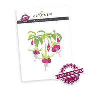 Altenew Fuchsia Layering Die Set packaging card featuring a colorful illustration of fuchsia flowers and leaves, with Altenew and Craft-A-Flower branding on a white background.