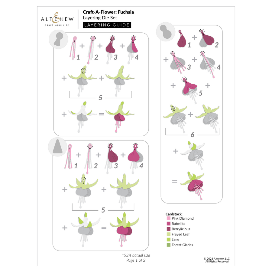A craft layering guide sheet from Altenew for crafting a flower fuchsia, showing step-by-step layering diagrams with colored flower illustrations and a cardstock color list.
