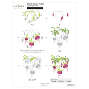 Craft-A-Flower: Fuchsia Layering Die Set instruction sheet by Altenew, showing step-by-step assembly of layered fuchsia flowers with colored keyhole flowers and gray template outlines on a white background.