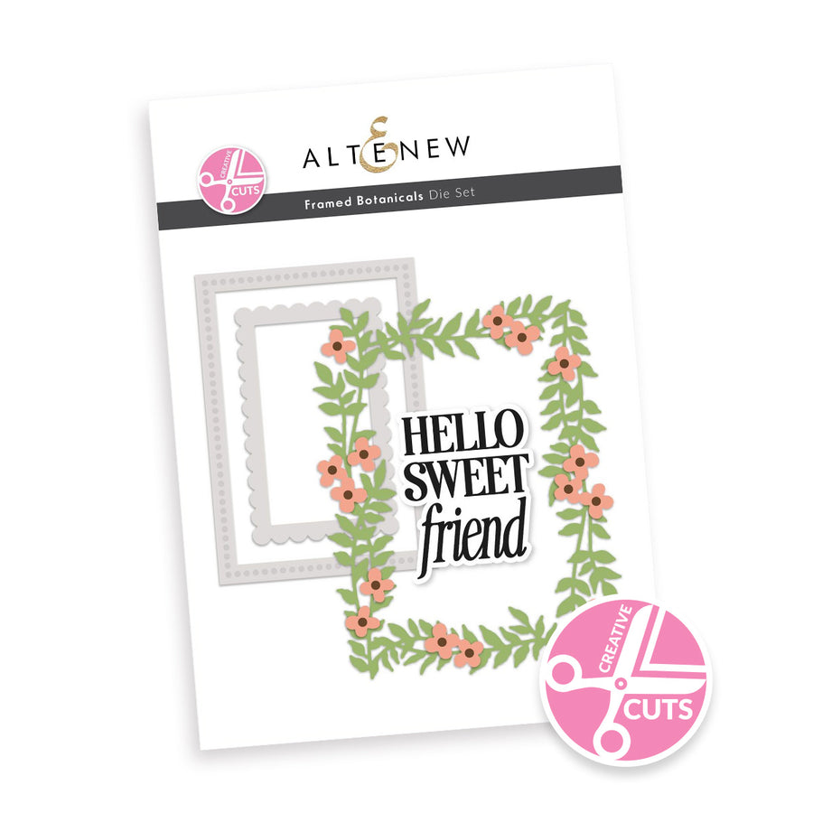 Altenew Framed Botanicals Die Set packaging featuring a floral wreath frame and the text 'HELLO SWEET friend' on a white background with a pink Altenew logo and a circular 'Creative Cuts' badge.
