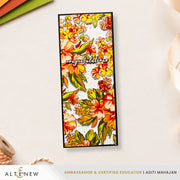 A rectangular handmade card with a colorful floral pattern and the word 'Congratulations' in script, displayed on a light textured background with craft props and a brand banner at the bottom. Altenew Build-A-Garden: Softly Sketched Blooms