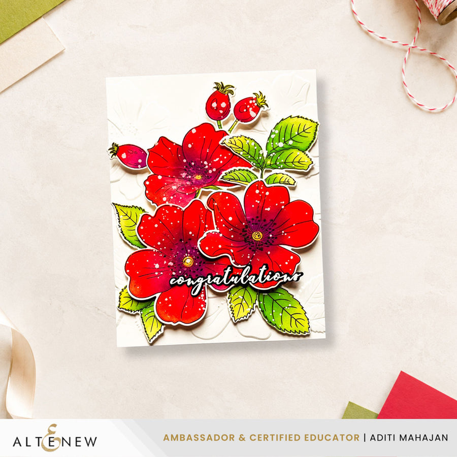 A handmade congratulations card featuring three red flowers with green leaves and red berries, with the word 'congratulations' in script. The card is displayed on a light beige surface with craft props, and an ALTÉNEW banner is visible at the bottom. Altenew One-Go: Briar Blossoms card ideas