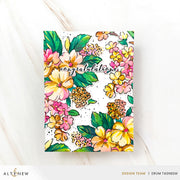 Handmade greeting card with colorful floral design and 'congratulations' text on a white background using Altenew Build-A-Garden: Softly Sketched Blooms