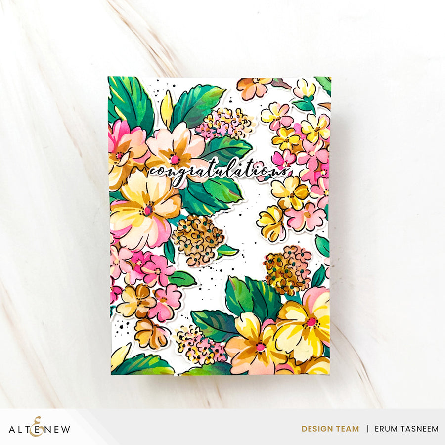 Handmade greeting card with colorful floral design and 'congratulations' text on a white background using Altenew Build-A-Garden: Softly Sketched Blooms