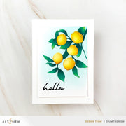 Handmade greeting card with lemons and 'hello' text on a light background using Altenew Creative Cuts: Lemon Tree Layering Die Set 