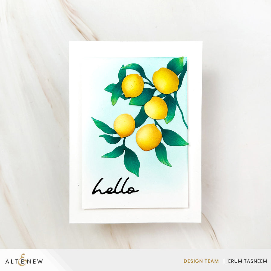 Handmade greeting card with lemons and 'hello' text on a light background using Altenew Creative Cuts: Lemon Tree Layering Die Set 