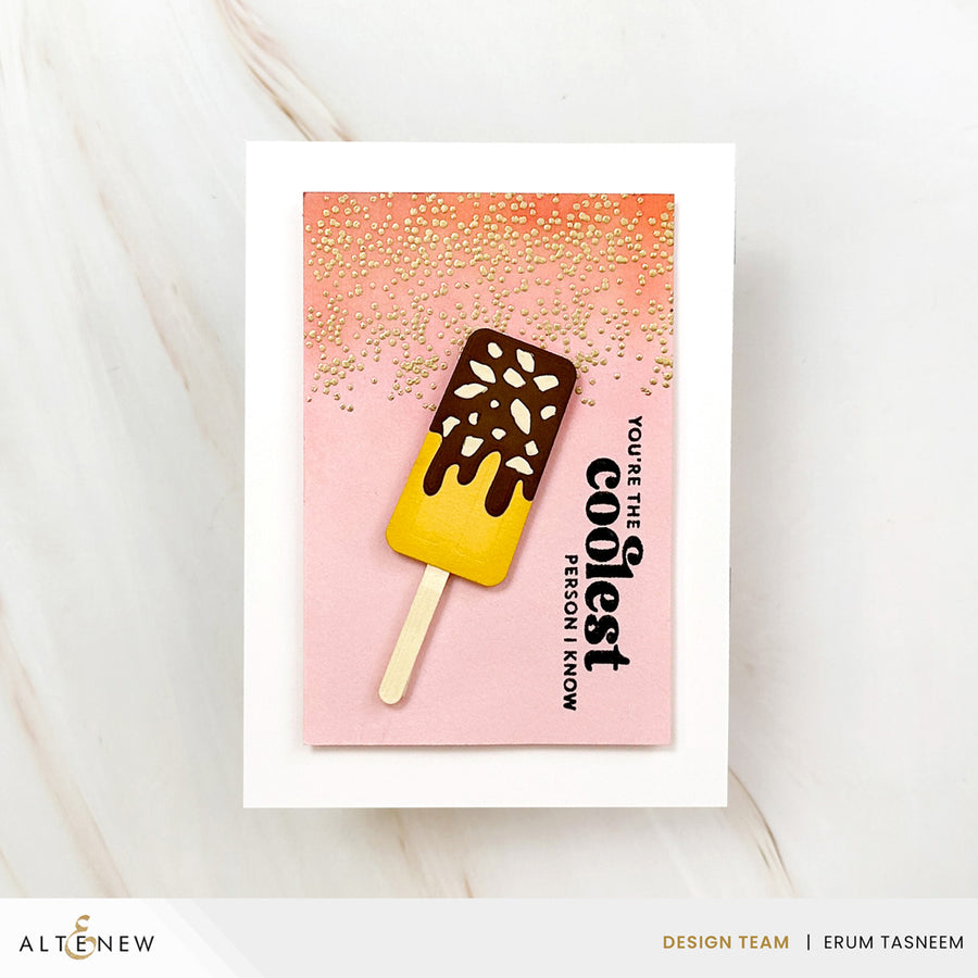 Handmade greeting card with ice cream popsicle design and text on a pink background, featuring the brand 'Altenew'. Altenew Mini Delight: Sweet Popsicles Stamp & Die Set card ideas