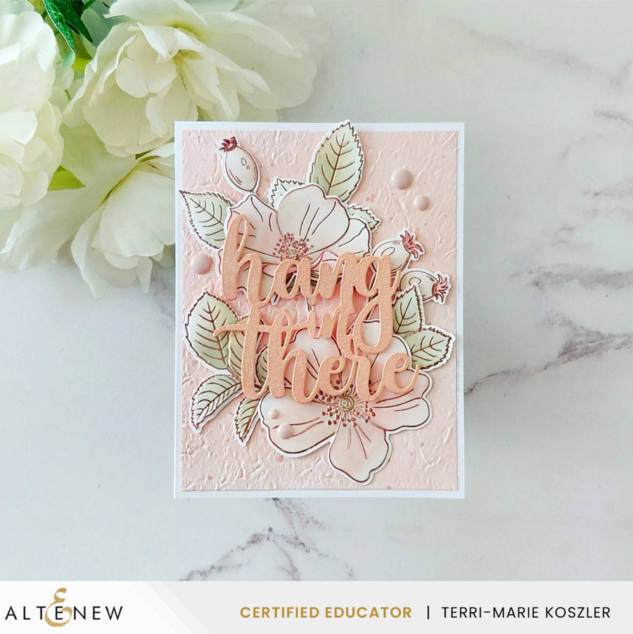 A handmade layered card with floral die-cut elements and the phrase 'hang in there' in raised script, placed on a white marble surface with white flowers in the corner. Brand text at the bottom reads Altenew and Certified Educator Terri-Marie Koszler. Altenew One-Go: Briar Blossoms card ideas