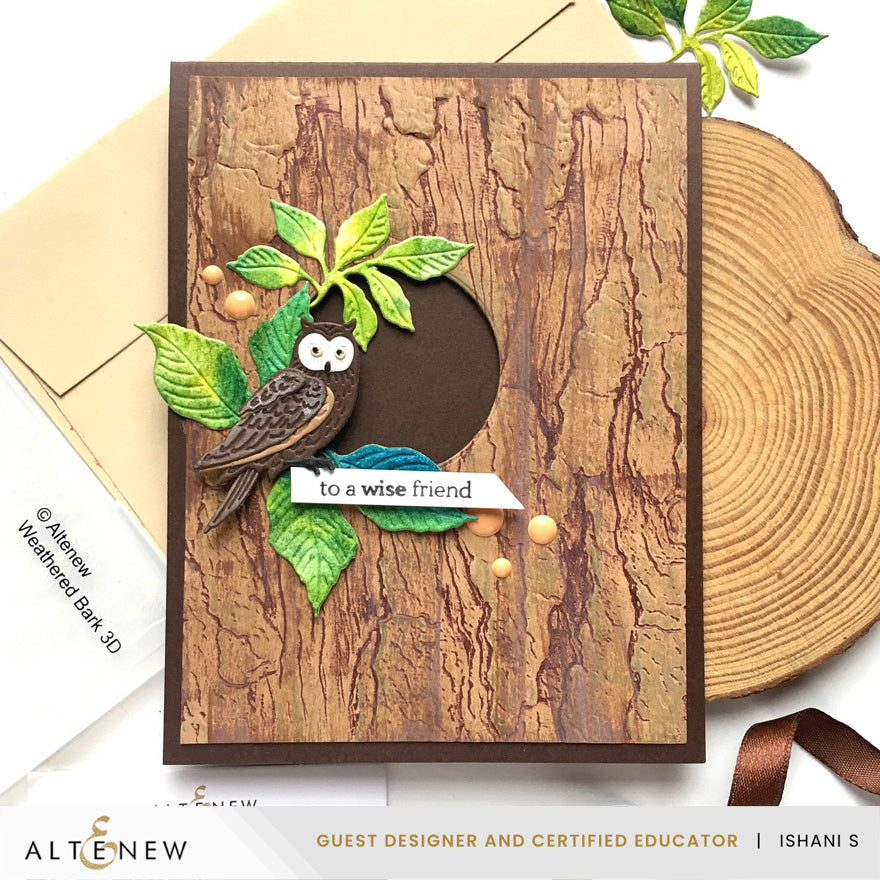 A handmade greeting card featuring a 3D owl perched on a leafy branch against a textured wood-grain background, with a circular cutout behind the owl. The card includes the phrase 'to a wise friend' on a small banner.