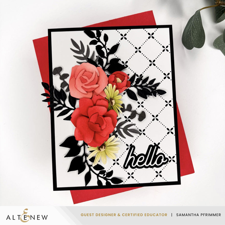 A handmade greeting card with layered paper flowers in red, pink, and yellow, black leaf silhouettes, a black-and-white diamond lattice pattern, and the word 'hello' in black script, shown on top of a red envelope. The card is photographed on a white surface with a decorative leaf in the corner and an ALTENEW banner at the bottom. Altenew EZ Arrangement: Garden Mix Layering Die Set card ideas
