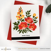 A floral handmade greeting card with a white background and a colorful flower illustration in red, orange, yellow, and green, layered over a red envelope. The card reads 'sweet friend' at the bottom. Altenew Craft Your Life Project Kit: Painterly Perfection card ideas