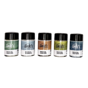 Five small jars of Lindy's Magical Shimmers arranged in a row on a plain white background. The jars contain shimmer colors including green, silver, bronze, olive green, and blue. Lindy's Gang Amber Ledgers by Katie Pertiet Magical Shimmer Shaker Set (5 Pack)