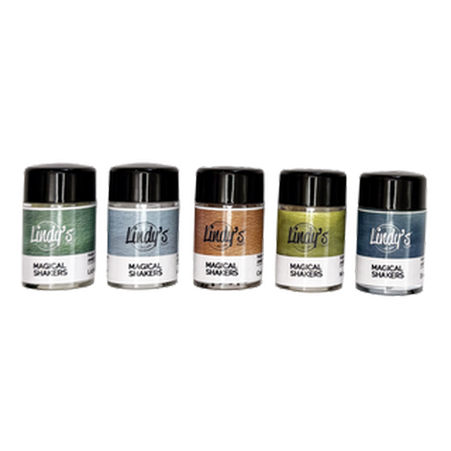 Five small jars of Lindy's Magical Shimmers arranged in a row on a plain white background. The jars contain shimmer colors including green, silver, bronze, olive green, and blue. Lindy's Gang Amber Ledgers by Katie Pertiet Magical Shimmer Shaker Set (5 Pack)