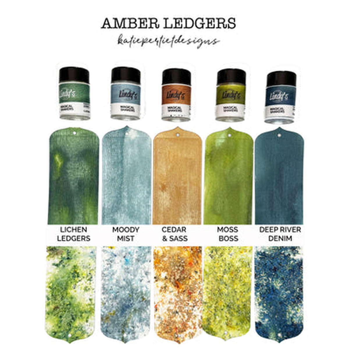 Five small jars of ink or pigment labeled 'Lindy's Gang' are shown above six matching rectangular color swatches, with text reading 'AMBER LEDGERS' and shade names including Lichen Ledgers, Moody Mist, Cedar & Sass, Moss Boss, and Deep River Denim on a white background. Lindy's Gang Amber Ledgers by Katie Pertiet Magical Shimmer Shaker Set (5 Pack)