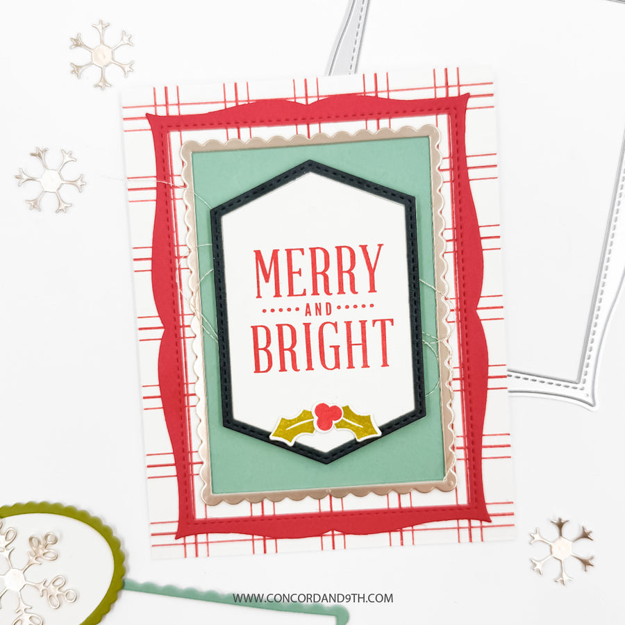 A handmade Christmas greeting card with layered paper designs, featuring the text 'MERRY AND BRIGHT' in red on a white label, set against a mint green background and a red plaid border. The card is displayed on a white background with decorative silver snowflakes and a green circular frame edge.