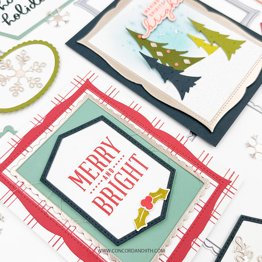 A close-up of layered handmade holiday cards with layered paper borders, green tree cutouts, and the words “MERRY AND BRIGHT,” shown on a white background with other card elements partially visible.