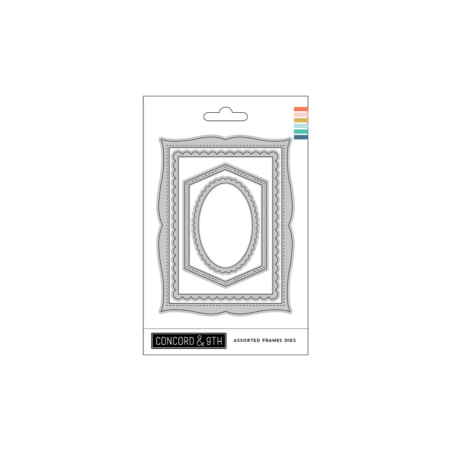 Concord & 9th Assorted Frames Dies in retail packaging, featuring multiple rectangular and oval frame-cutting dies on a white backing card.