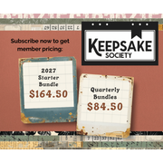 Promotional graphic for Keesake Society subscription plans, featuring a rusted blue card labeled '2027 Starter Bundle $164.50' and a rusted cream card labeled 'Quarterly Bundles $84.50.