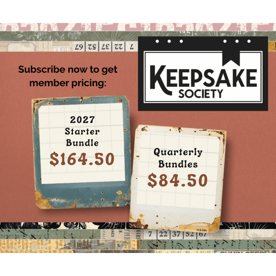 Promotional graphic for Keesake Society subscription plans, featuring a rusted blue card labeled '2027 Starter Bundle $164.50' and a rusted cream card labeled 'Quarterly Bundles $84.50.
