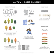 A flat infographic titled 'AUTUMN LANE BUNDLE' showing illustrated components of a fall-themed decorative set: tree tops and trunks, a house, a picket fence, a banner frame, and coordinating patterned accents. The design uses a white background with black text and small colored icons in autumn shades.