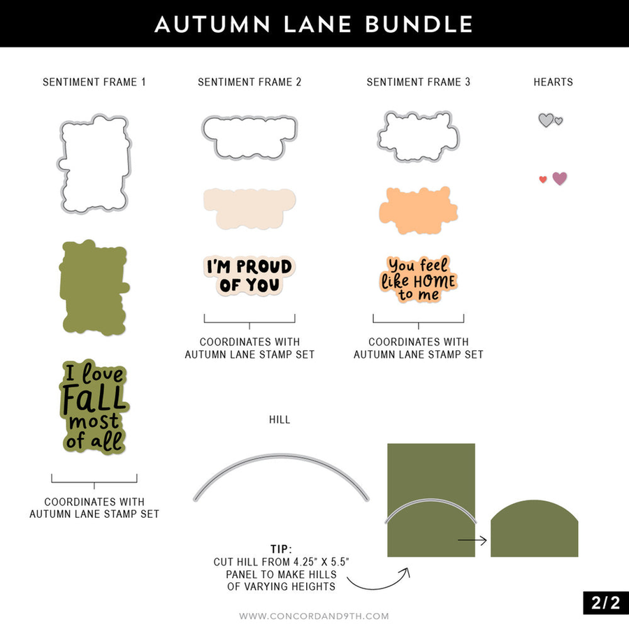 A digital preview sheet for the 'Autumn Lane Bundle' by Concord & 9th. The graphic displays various die-cut stamp and frame designs in muted autumn colors (olive green, beige, brown, and black) with descriptive text labels and a '2/2' indicator at the bottom.