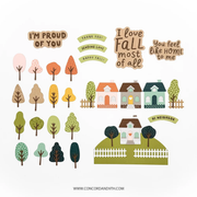 A collection of autumn-themed vector clipart elements including stylized trees, houses, and decorative text on a light beige background, for Concord & 9th's Autumn Lane products
