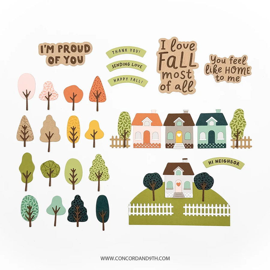 A collection of autumn-themed vector clipart elements including stylized trees, houses, and decorative text on a light beige background, for Concord & 9th's Autumn Lane products
