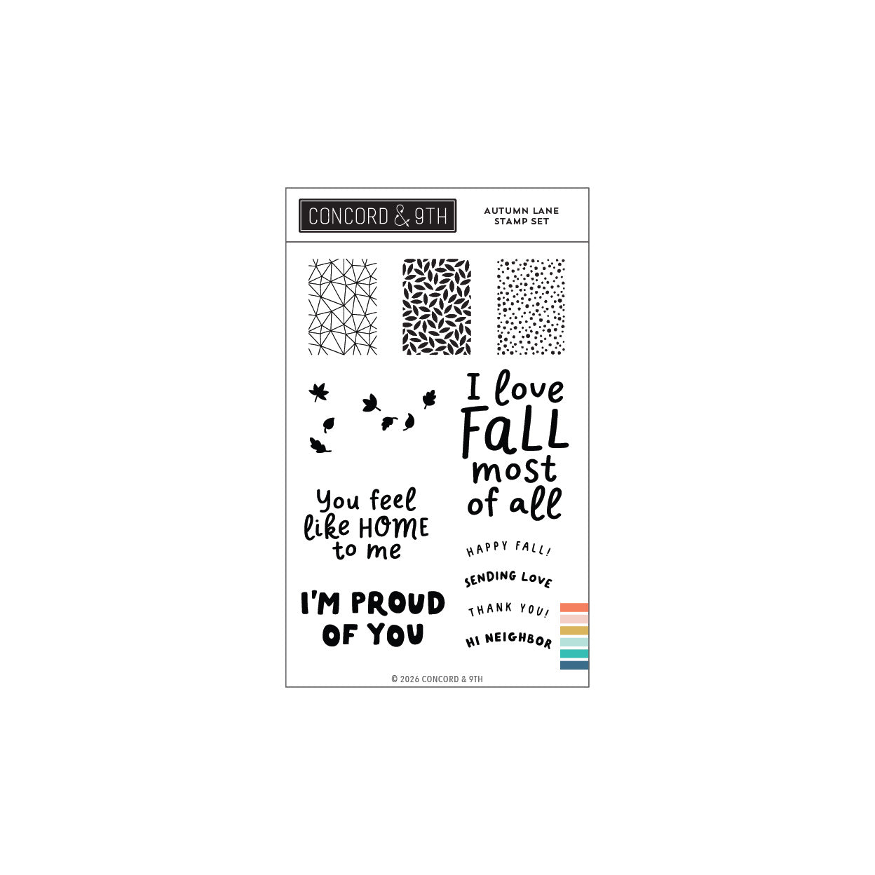 Concord & 9th Autumn Lane Stamp Set featuring various black typographic and pattern designs on a white sheet, with a small color palette strip on the bottom right.