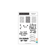 Concord & 9th Autumn Lane Stamp Set featuring various black typographic and pattern designs on a white sheet, with a small color palette strip on the bottom right.